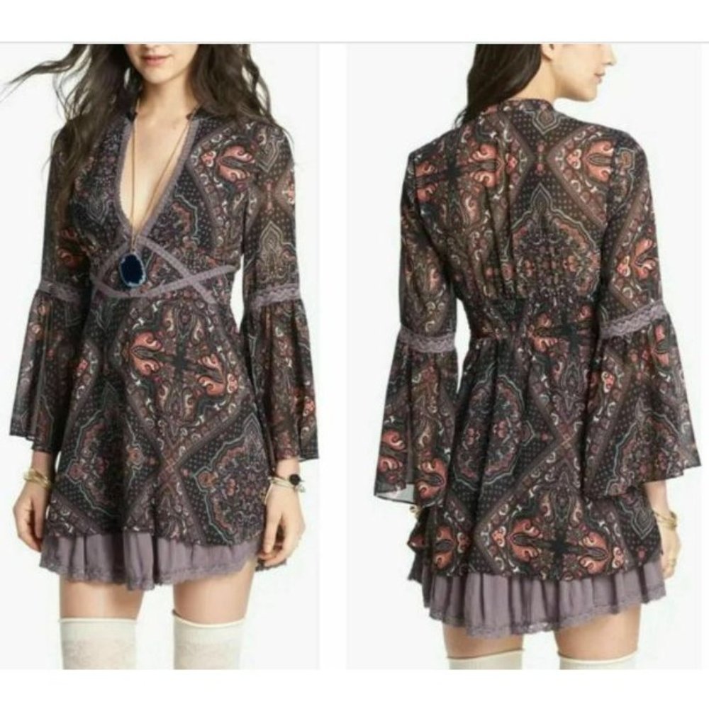 Free People Paisley Kimono Smocked Moonlight Bay Dress Mesh Belle Sleeve 2 Women